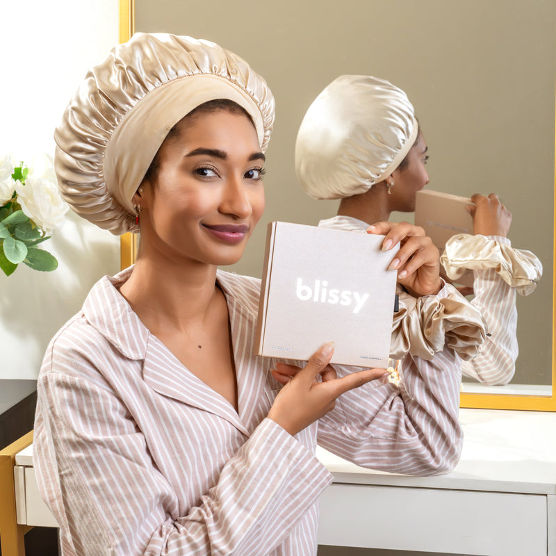 Blissy Halo Bonnet - Champagne - Blissy 100% Mulberry Silk Blissy Silk Halo Bonnet Lifestyle ā Mulberry Silk