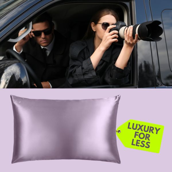 Detectives with a camera spot the best silk pillowcase for less: a lavender Blissy pure silk pillowcase tagged "Luxury for Less."