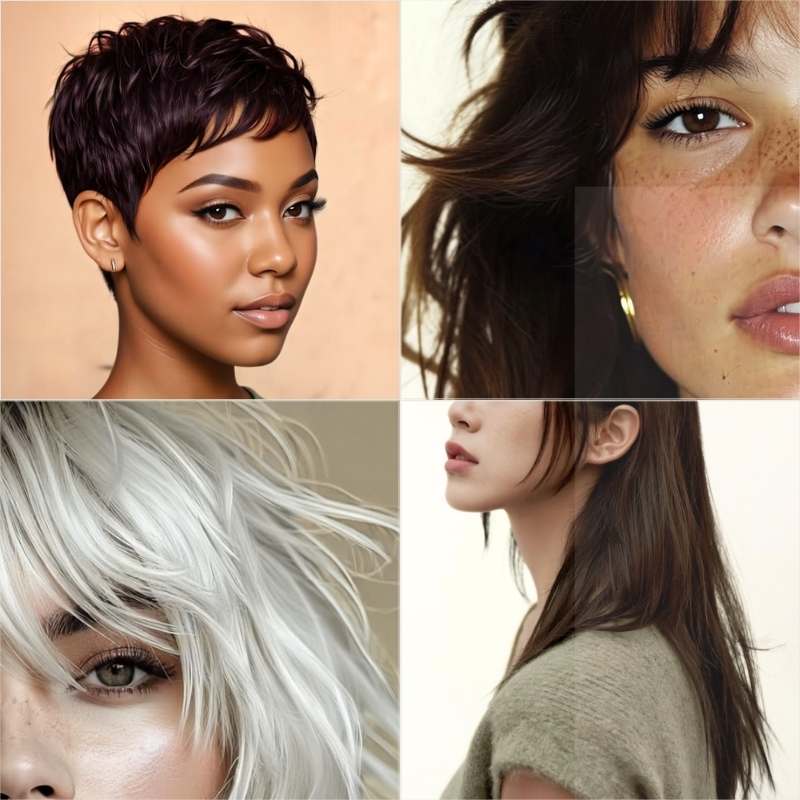 Collage of four trendy women's haircuts for 2025, including a sleek bixie cut, tousled layered shag with bangs, platinum textured bob, and long straight hair with curtain bangs.