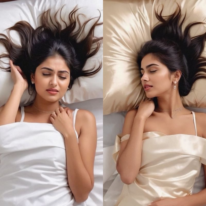 Side-by-side comparison of hair on cotton vs silk pillowcase, answering is sateen good for hair