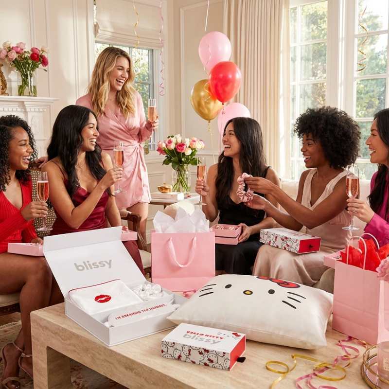 Group of girls celebrating Galentine’s with champagne, gift boxes, flowers, and sweet treats