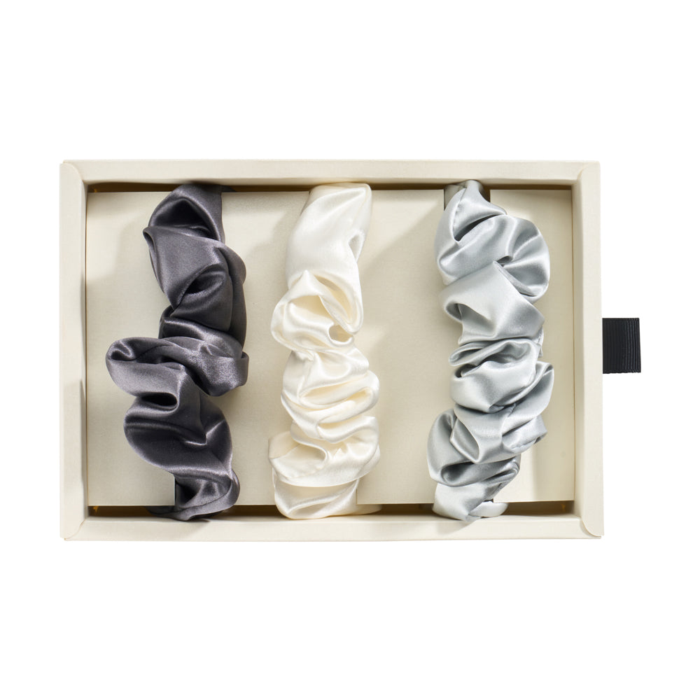 Blissy White, Gray, Silver Silk Blissy Scrunchies Detail –