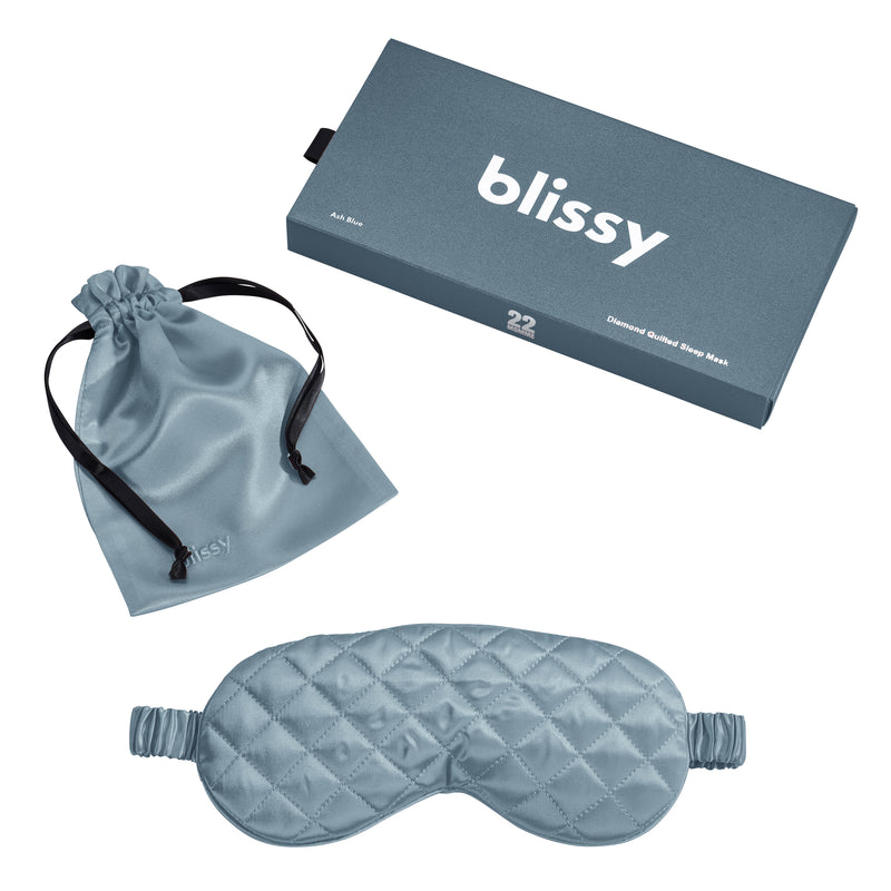 Sleep Mask - Ash Blue - Diamond Quilted - Blissy Ash Blue Sleep Mask – 22 Momme Mulberry Silk, 100% Silk
