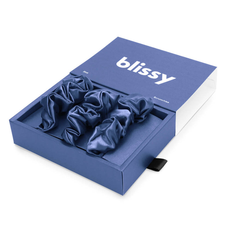 Blissy Scrunchies - Blue - Blissy Mulberry Silk Blissy Silk Scrunchies (3-Pack) – 100% Mulberry Silk Hair Ties