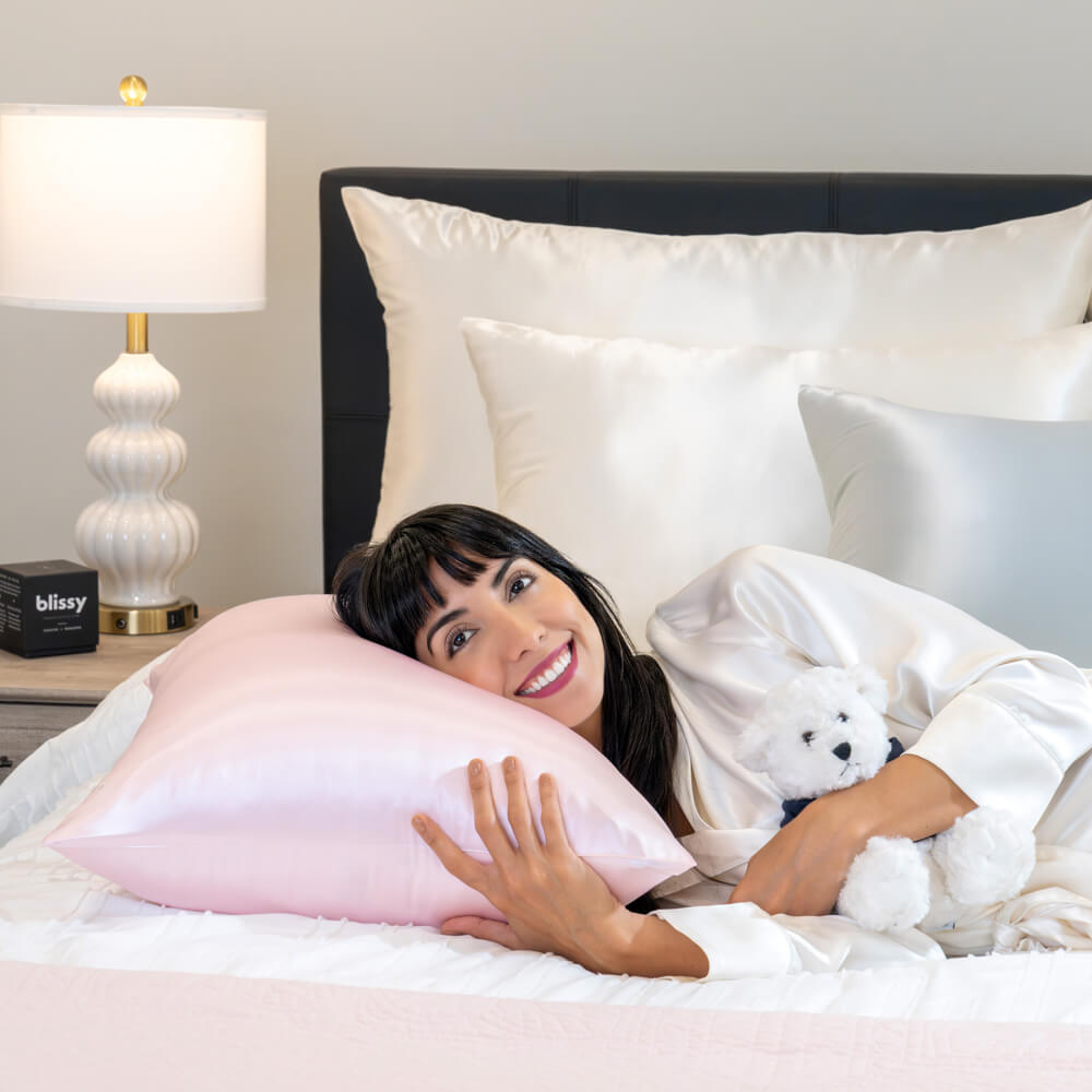 Blissy King Blush Pillowcase Lifestyle – Mulberry Silk