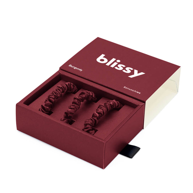 Blissy Skinny Scrunchies - Burgundy - Blissy Burgundy Blissy Skinny Scrunchies – 22 Momme Mulberry Silk, 100% Silk