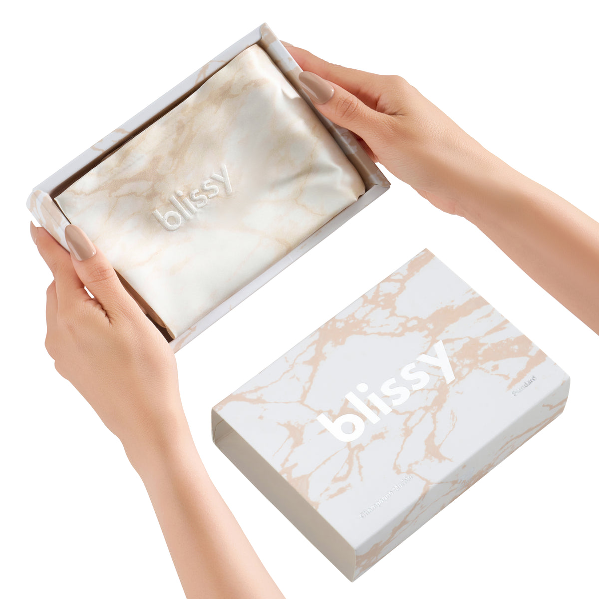 Blissy King Champagne Marble Pillowcase Lifestyle – Mulberry Silk