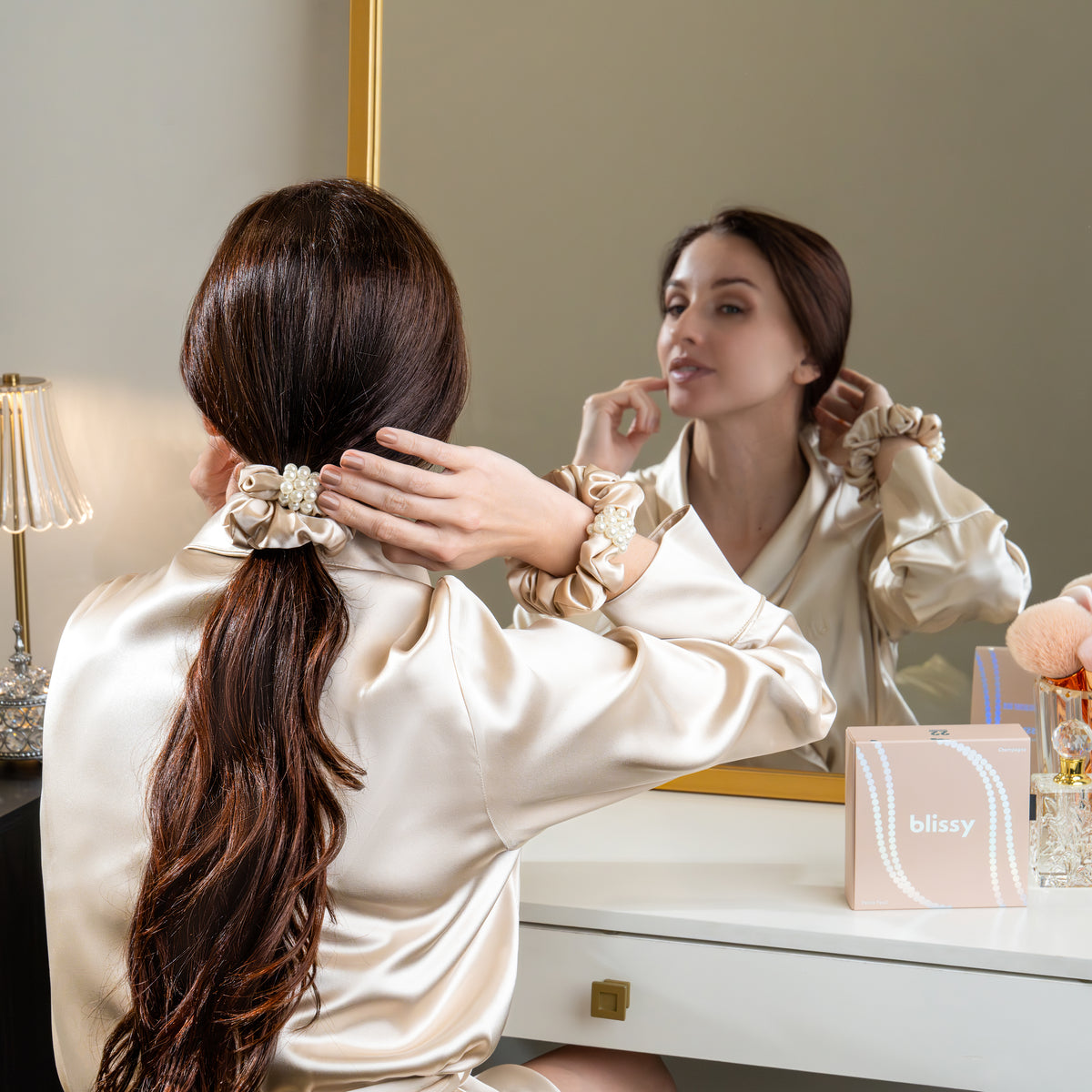 Champagne Blissy Petite Pearl Scrunchies – Blissy Premium Silk
