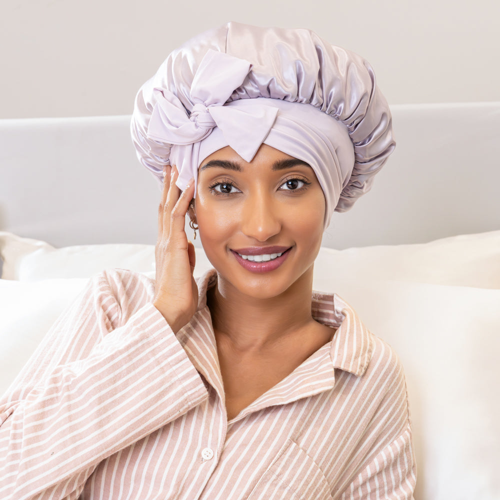 Lavender Blissy Bow Bonnet Close-Up – Blissy 22 Momme Silk
