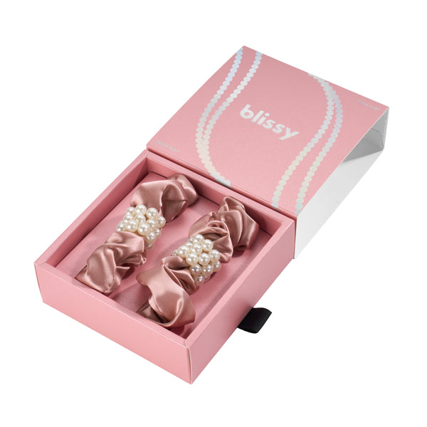 Blissy Rose Gold Blissy Petite Pearl Scrunchies – 22 Momme Mulberry Silk, 100% Silk