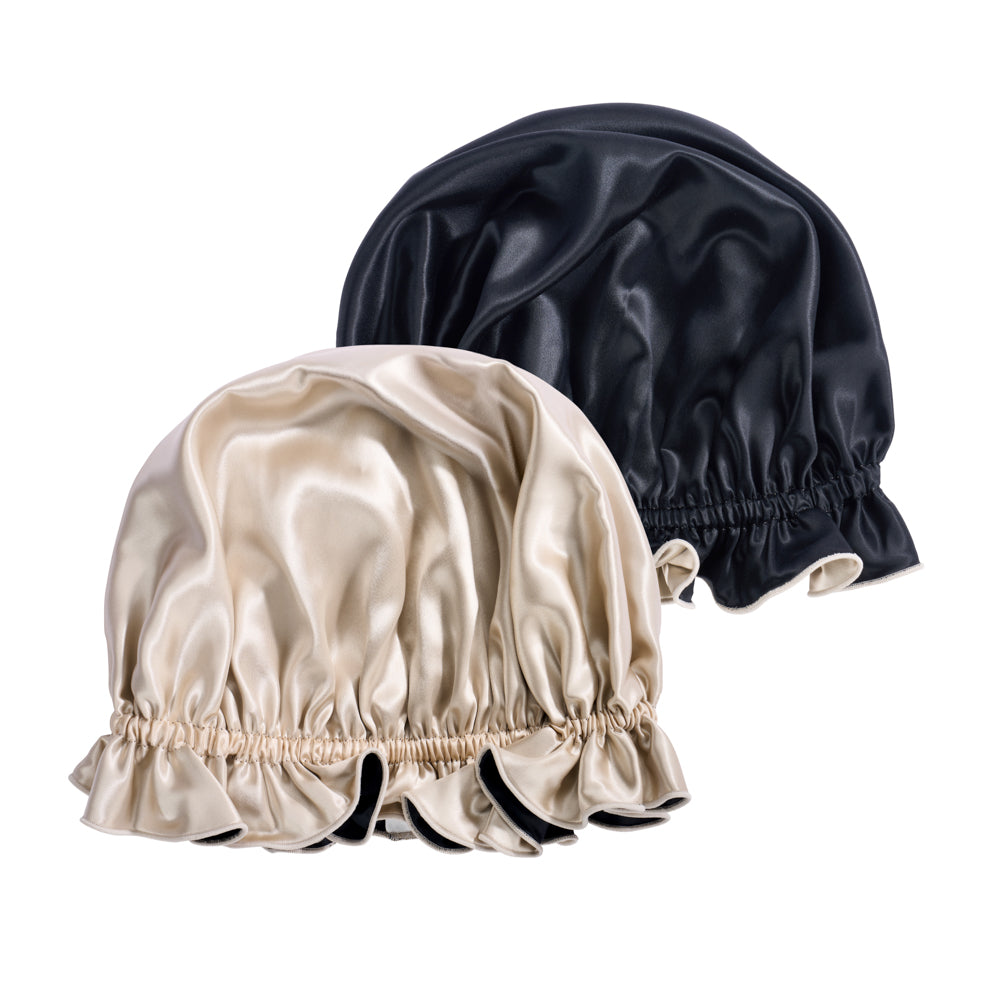 Blissy Champagne/Black Ruffle Bonnet – 22 Momme Mulberry Silk, 100% Silk