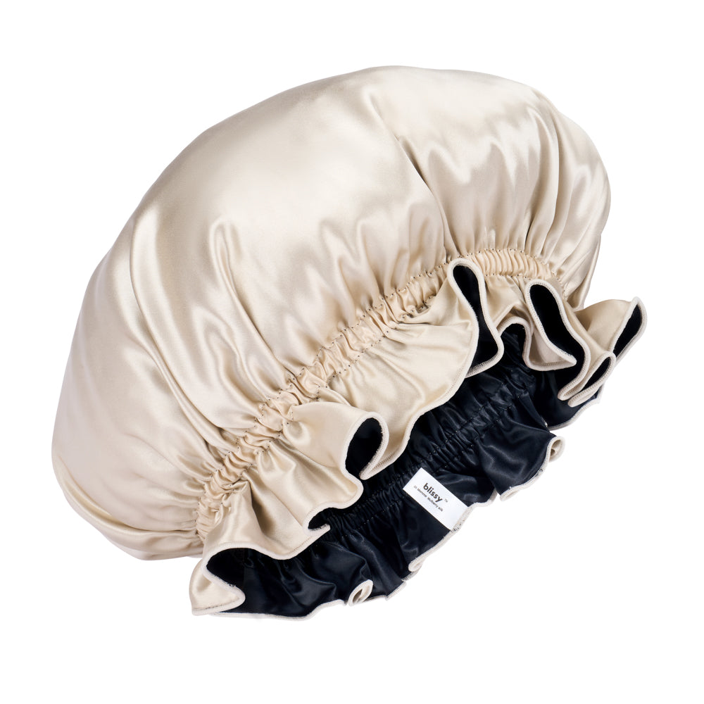 Blissy Champagne/Black Ruffle Bonnet – 22 Momme Mulberry Silk, 100% Silk