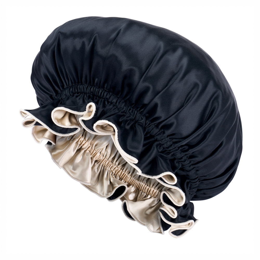 Blissy Champagne/Black Ruffle Bonnet – 22 Momme Mulberry Silk, 100% Silk