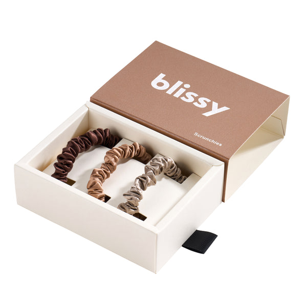 Blissy Taupe, Cinnamon, Brown Blissy Skinny Scrunchies – 22 Momme Mulberry Silk, 100% Silk