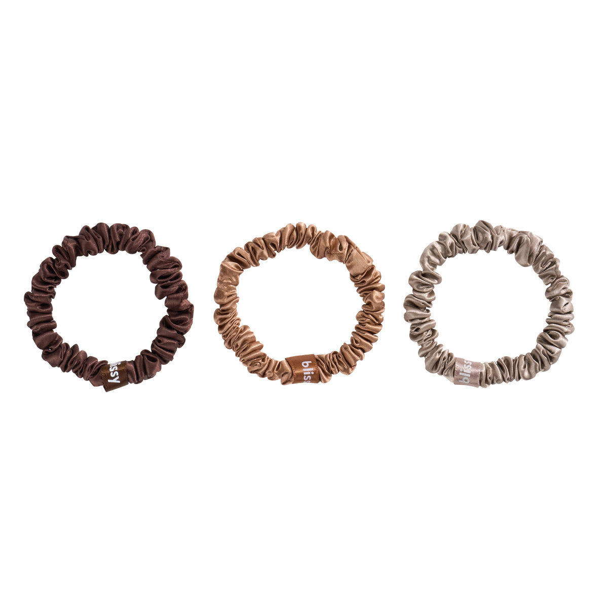 Taupe, Cinnamon, Brown Blissy Skinny Scrunchies Close-Up – Blissy 22 Momme Silk