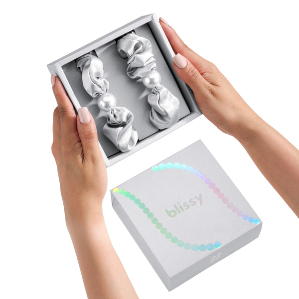 Blissy Silver Blissy Pearl Scrunchies – 22 Momme Mulberry Silk, 100% Silk