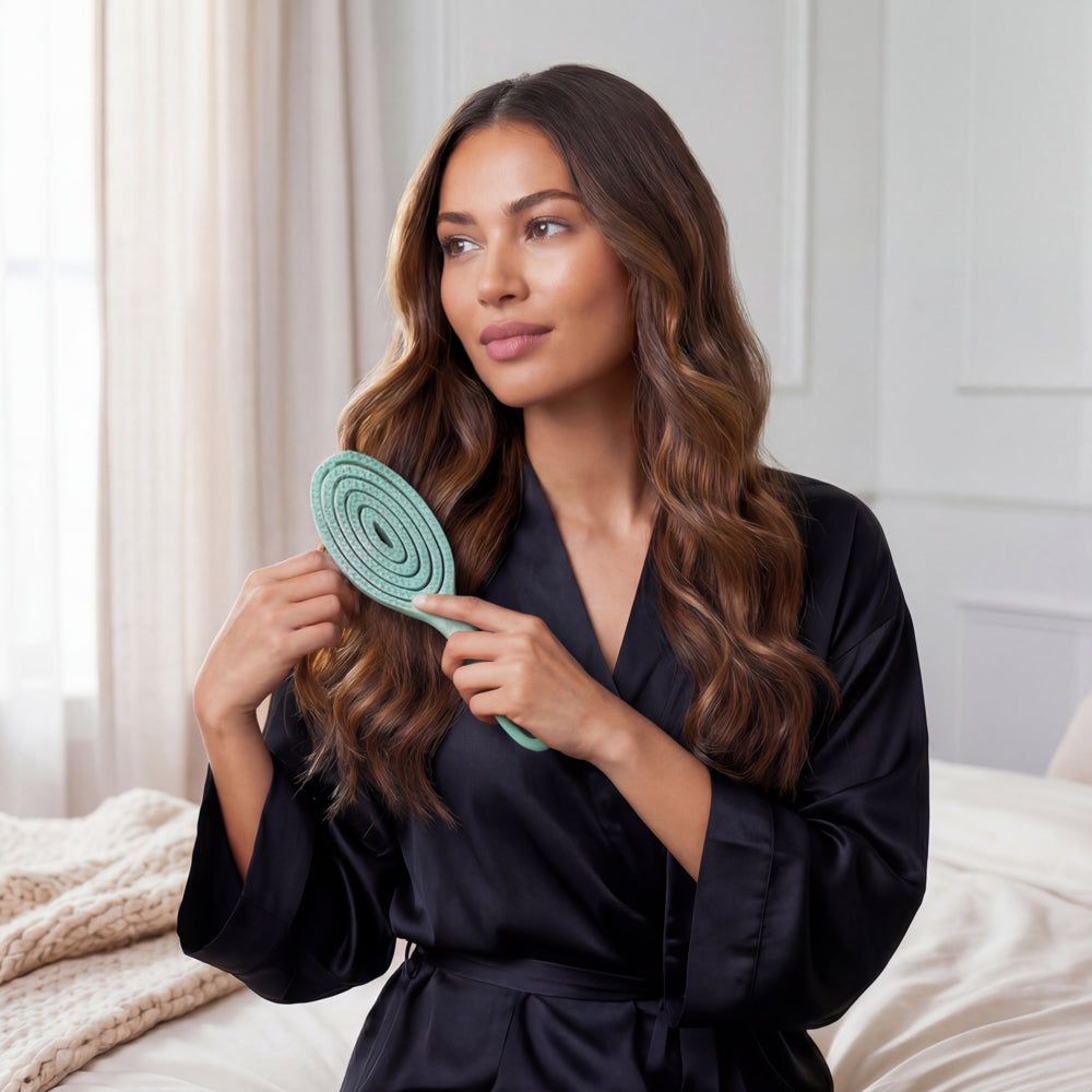 Teal Blissy Detangling Brush Close-Up – Blissy 22 Momme Silk