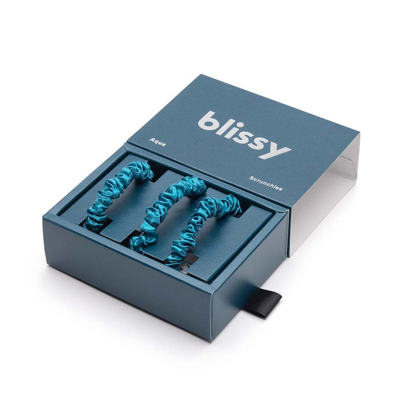 Blissy Skinny Scrunchies - Aqua - Blissy Aqua Blissy Skinny Scrunchies – 22 Momme Mulberry Silk, 100% Silk