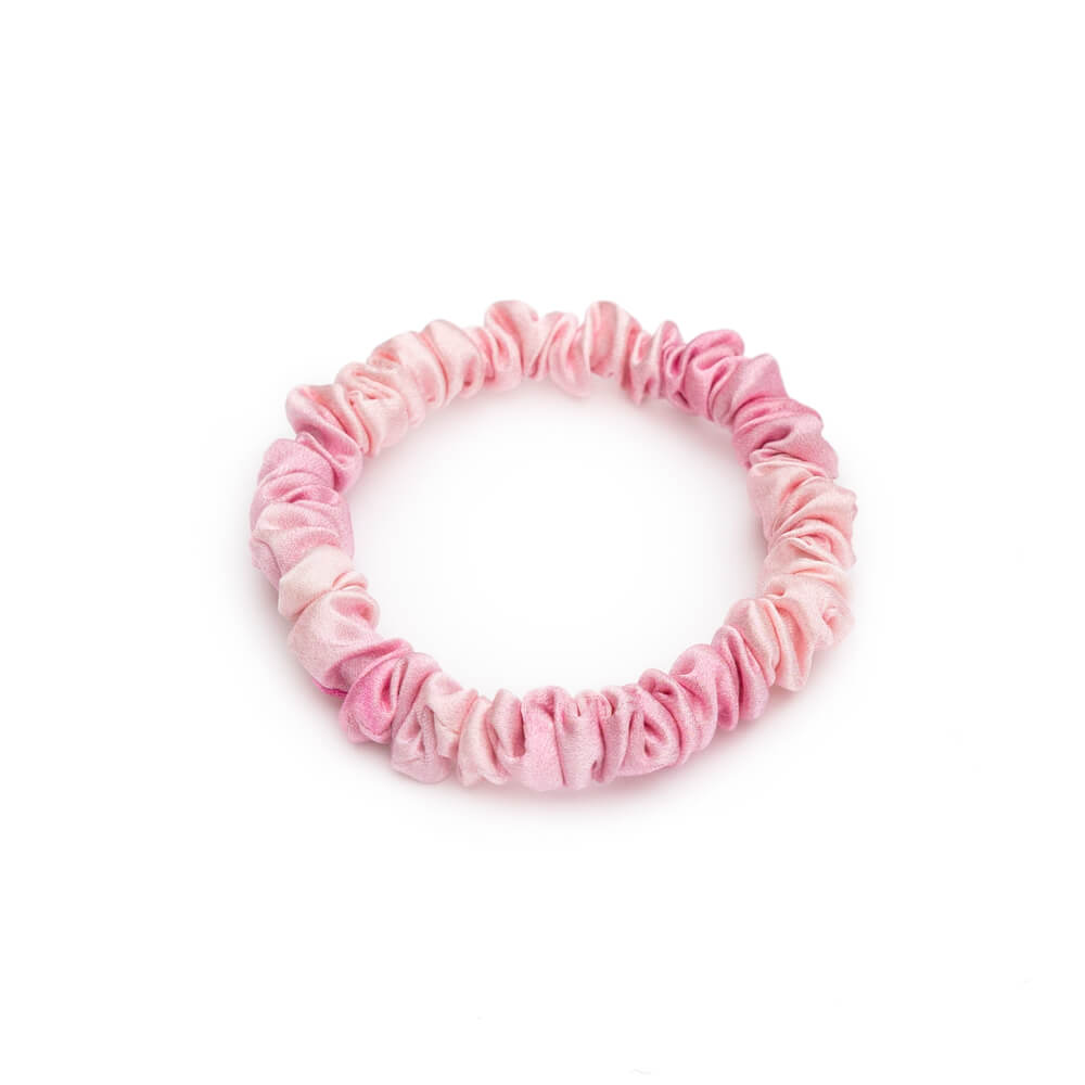 Pink Tie-Dye Blissy Skinny Scrunchies Close-Up – Blissy 22 Momme Silk
