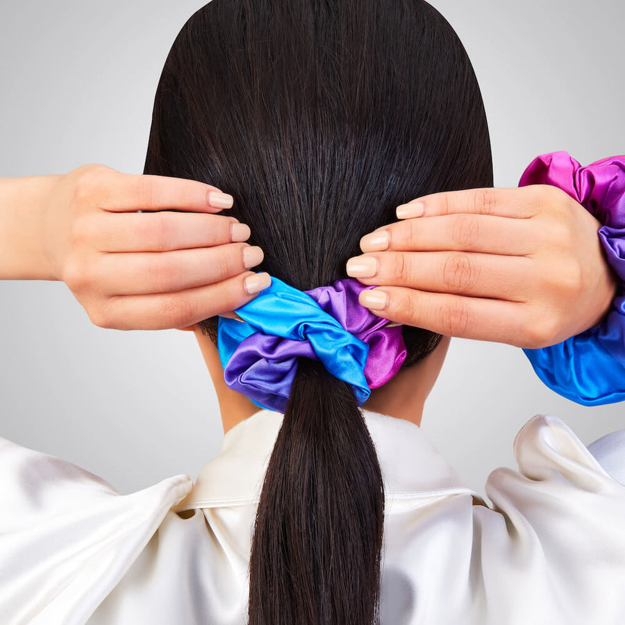 Purple Ombre Blissy Scrunchies Close-Up – Blissy 22 Momme Silk