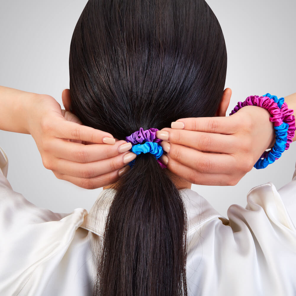 Purple Ombre Blissy Skinny Scrunchies Close-Up – Blissy 22 Momme Silk
